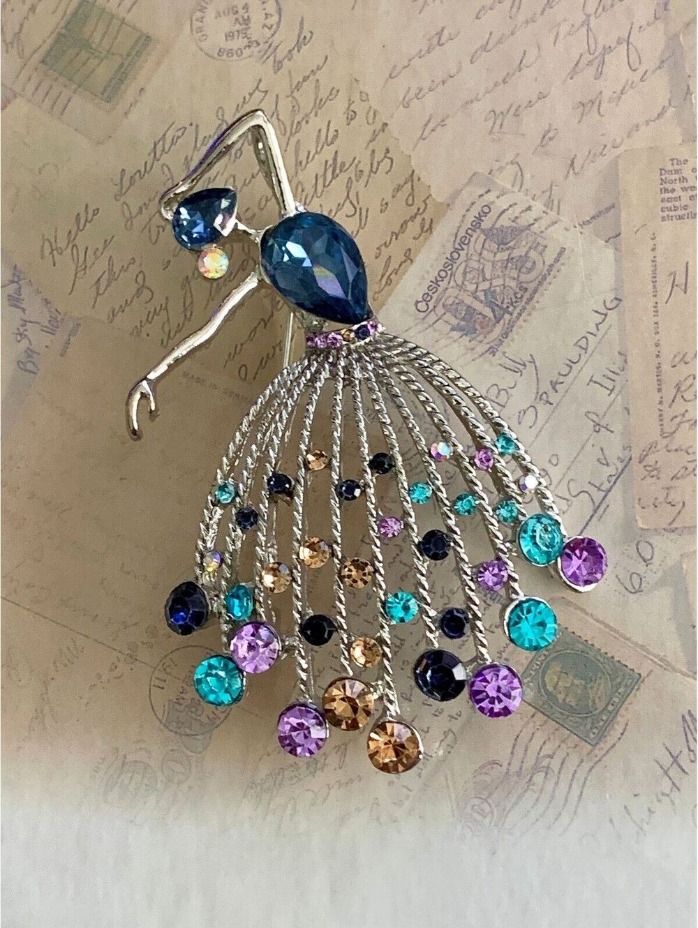 Sparkling Multicolor Rhinestone Dancing Lady Brooch Pin